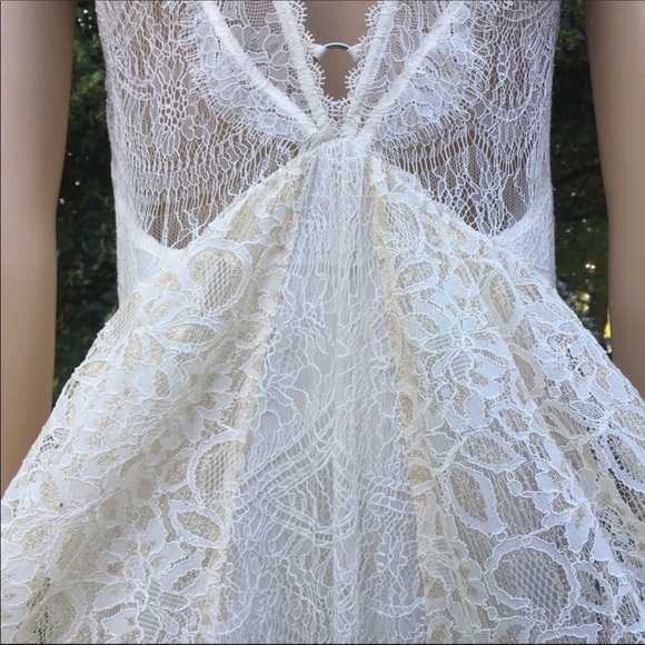 NWT FREE PEOPLE INTRICATE IVORY & GOLD OVERLAY LINED DRESS - Picture 9 of 12